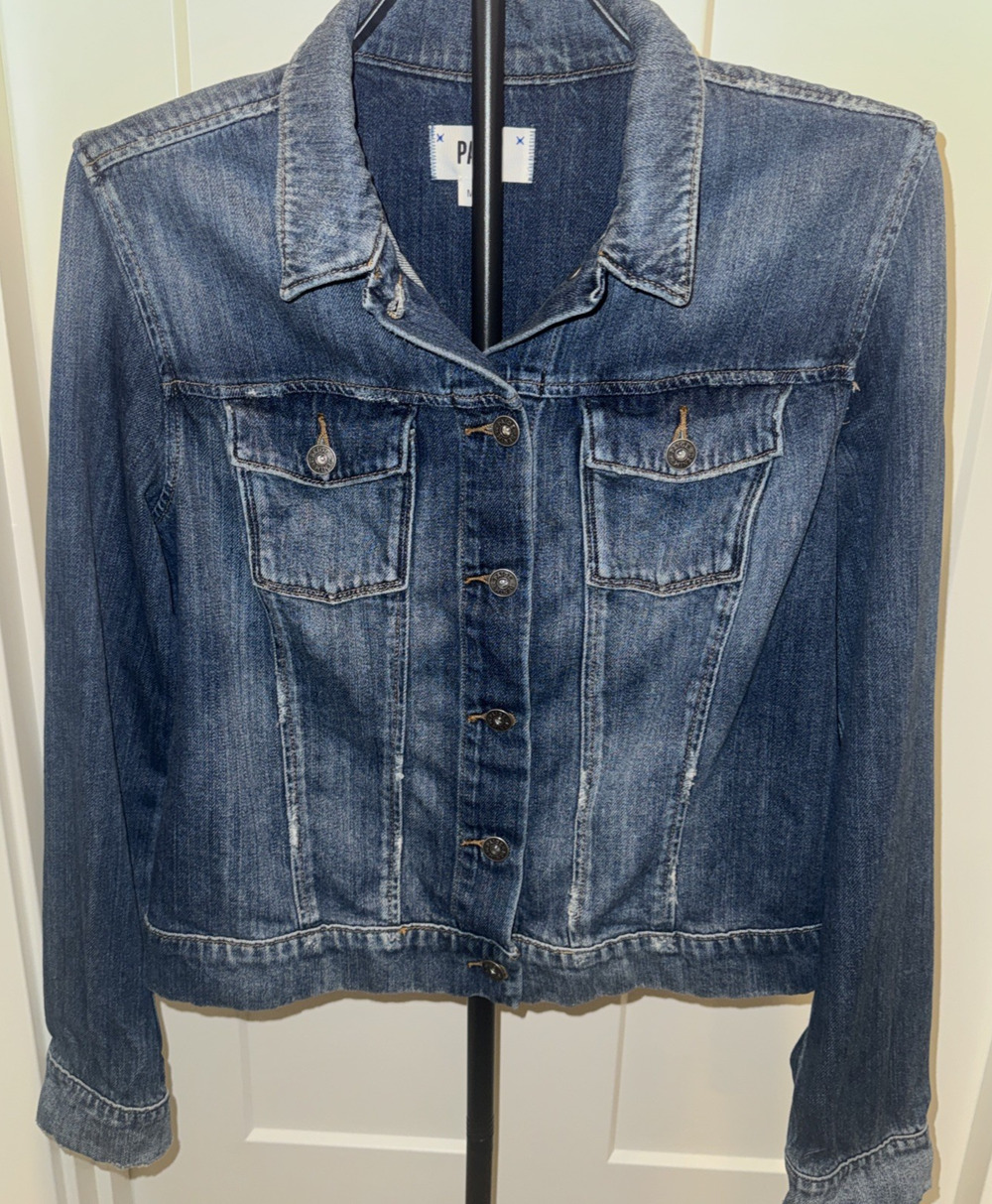 PAIGE Denim Jacket Women Size Med - Medium Wash Distressed cotton/rayon soft